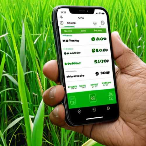 **A user-centered app interface design:** A local Malaysian farmer using a smartphone app in a lush green paddy field. The app displays weather information, crop management tools, and market prices. The interface should be clean and intuitive, reflecting minimalist design principles.