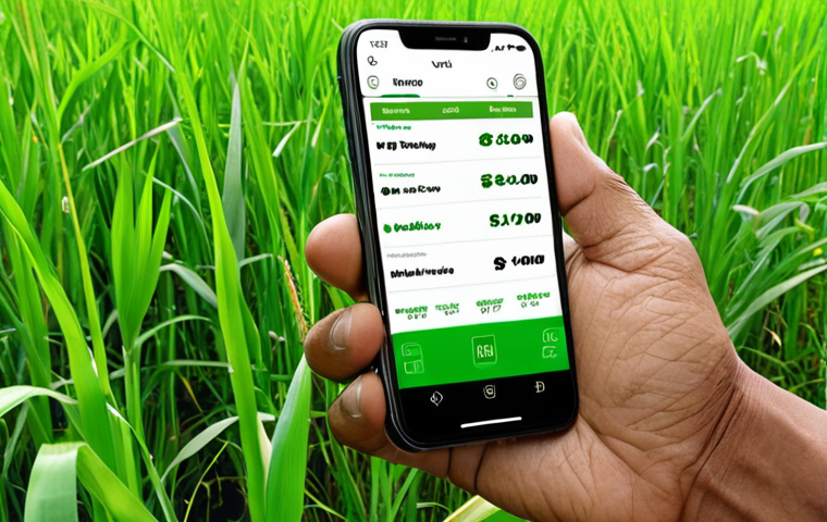 **A user-centered app interface design:** A local Malaysian farmer using a smartphone app in a lush green paddy field. The app displays weather information, crop management tools, and market prices. The interface should be clean and intuitive, reflecting minimalist design principles.