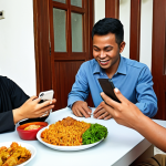 ** A Malay family at home, comfortably gathered around a table. They are using a mobile phone app (the prototype) to order food. Focus on capturing the warm, relaxed atmosphere and their expressions as they interact with the app.

**
