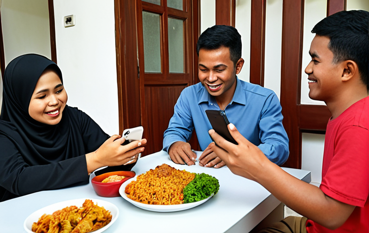 ** A Malay family at home, comfortably gathered around a table. They are using a mobile phone app (the prototype) to order food. Focus on capturing the warm, relaxed atmosphere and their expressions as they interact with the app.

**