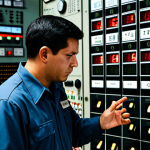 A male power plant operator, appearing overwhelmed and stressed, in a modest professional uniform, fully clothed, appropriate attire, standing in front of an outdated industrial control room panel. The panel is cluttered with numerous small, analog dials, individual gauges, flickering lights, and disjointed digital readouts, displaying raw, overwhelming data. The lighting is dim, reflecting the complexity. High-quality professional photography, detailed, realistic, perfect anatomy, correct proportions, well-formed hands, proper finger count, natural body proportions, safe for work, appropriate content, fully clothed, professional.