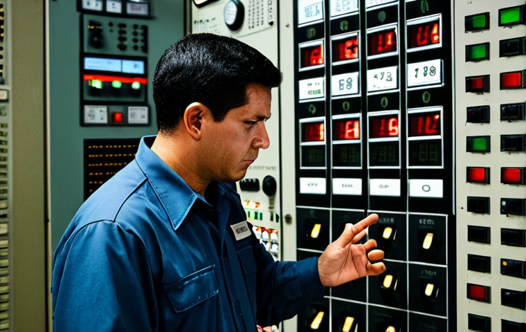 A male power plant operator, appearing overwhelmed and stressed, in a modest professional uniform, fully clothed, appropriate attire, standing in front of an outdated industrial control room panel. The panel is cluttered with numerous small, analog dials, individual gauges, flickering lights, and disjointed digital readouts, displaying raw, overwhelming data. The lighting is dim, reflecting the complexity. High-quality professional photography, detailed, realistic, perfect anatomy, correct proportions, well-formed hands, proper finger count, natural body proportions, safe for work, appropriate content, fully clothed, professional.